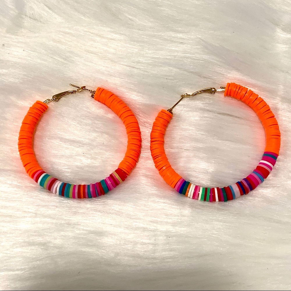 Neon Orange Beaded Hoops